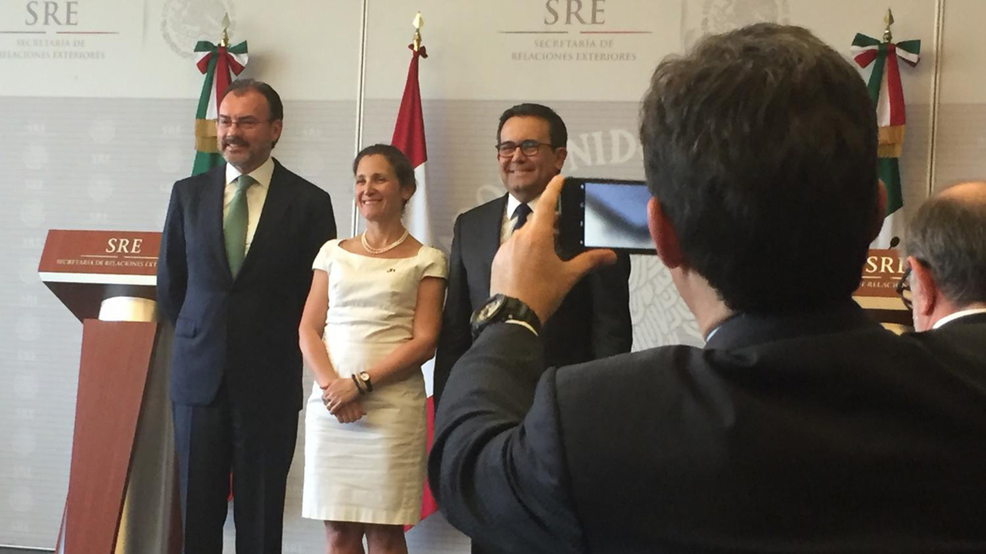 Luis Videgaray, the Mexican secretary of foreign affairs; Chrystia Freeland, Canada's minister of foreign affairs; and Ildefonso Guajardo, Mexico's secretary of economy, met in Mexico City to discuss NAFTA and other issues.