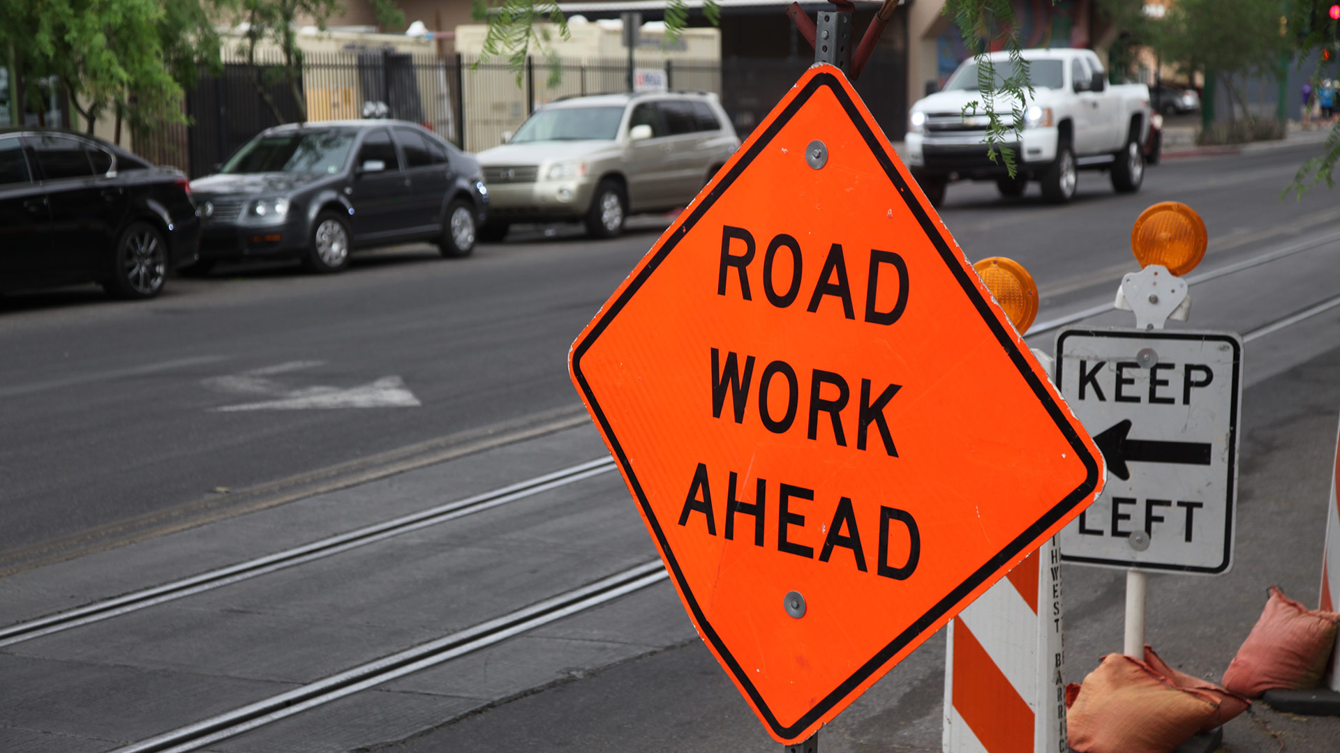 Road work sign downtown hero