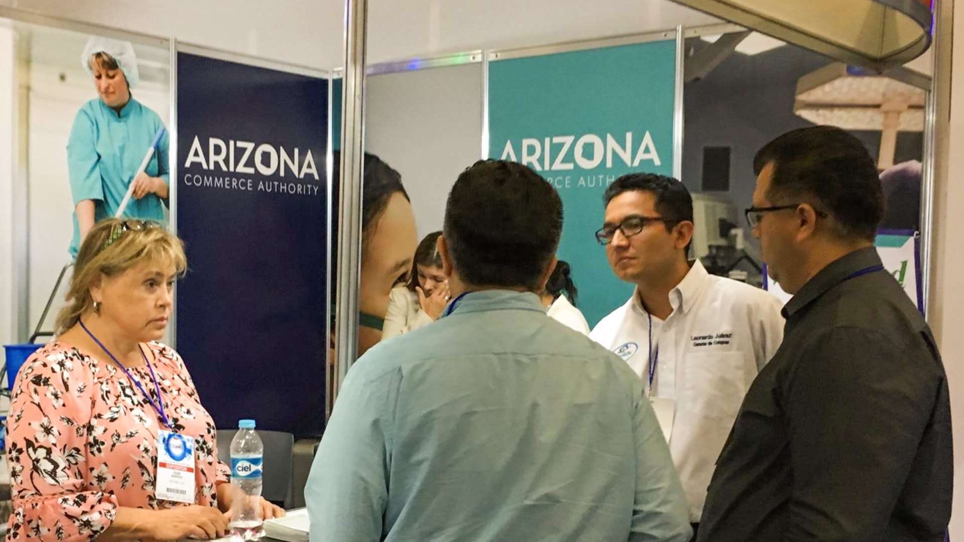 Diane Barker, left, of the Tucson-based medical manufacturer WestMed speaking with a representative from a distribution company and prospective clients at the ExpoMed medical device fair in Mexico City.
