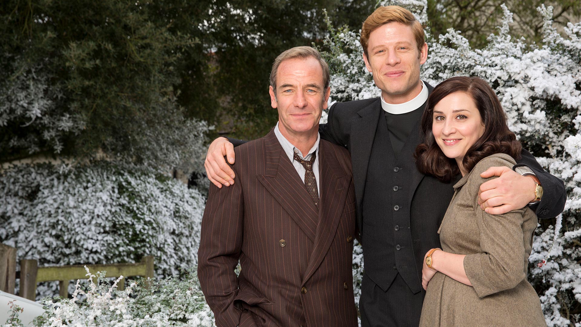 Robson Green as Geordie Keating, James Norton as Sidney Chambers and Morven Christie as Amanda

