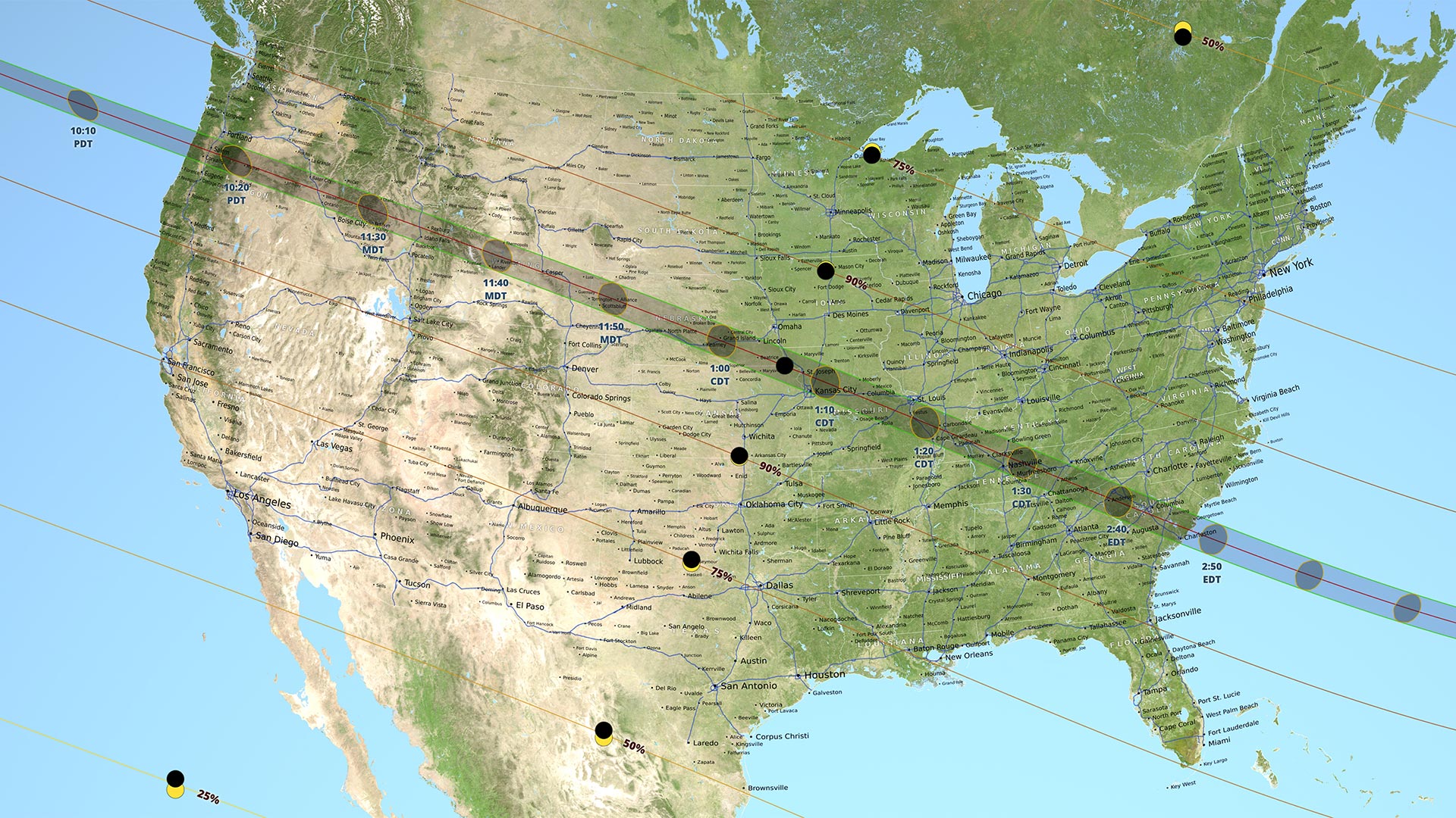 A map of the path of the total solar eclipse occurring Aug. 21, 2017.