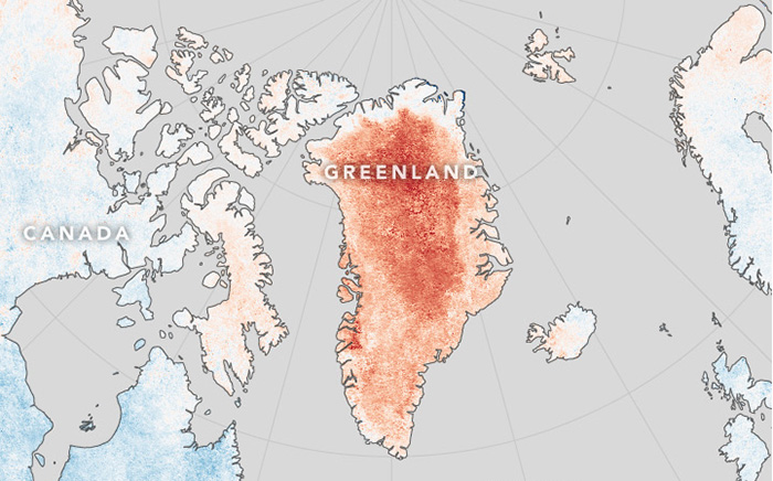 Greenland warming ice climate change map