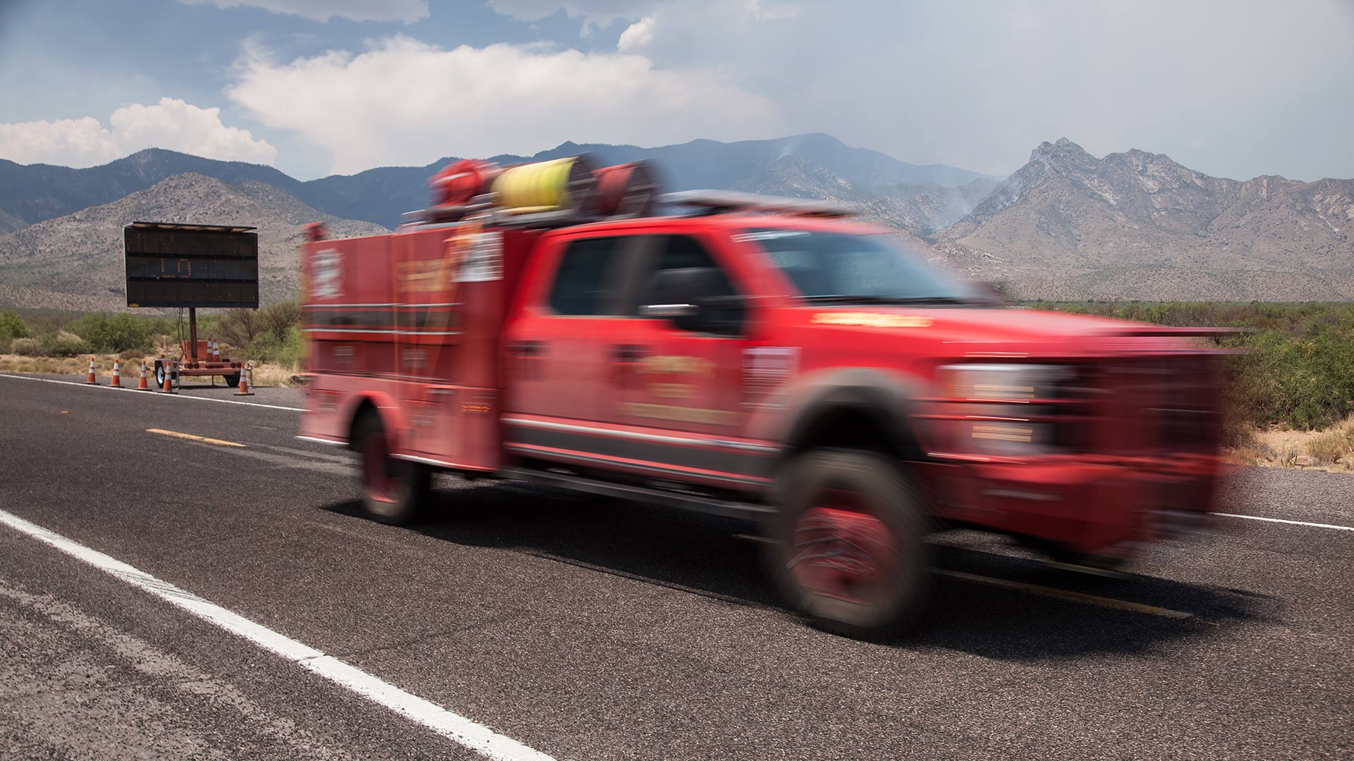 A fire truck returns after responding to the Frye Fire in the Pinaleño Mountains, 2017.