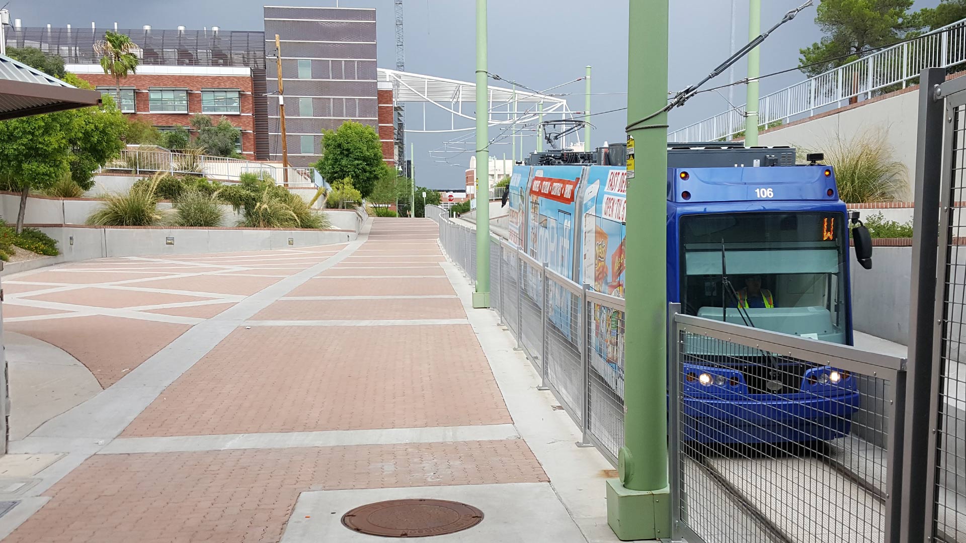 A streetcar passes beneath the Volgy Underpass on Speedway.