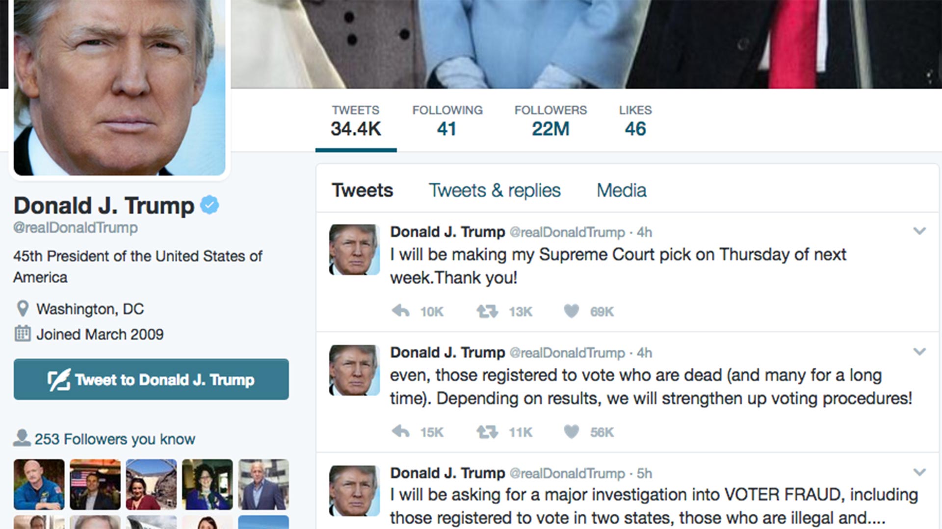 President Donald Trump sent out tweets about investigating voter fraud during the November 2016 election..