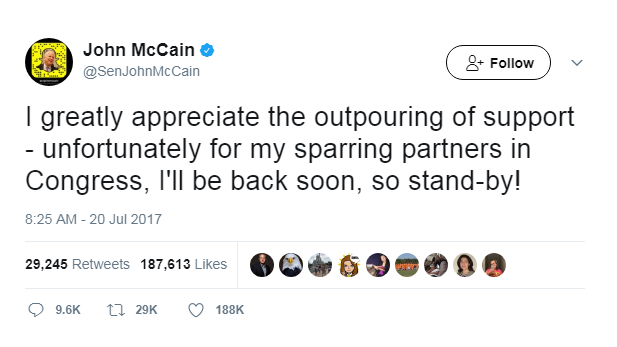 Sen. John McCain tweeted July 20 he plans on returning to work as soon as possible following his cancer diagnosis.
