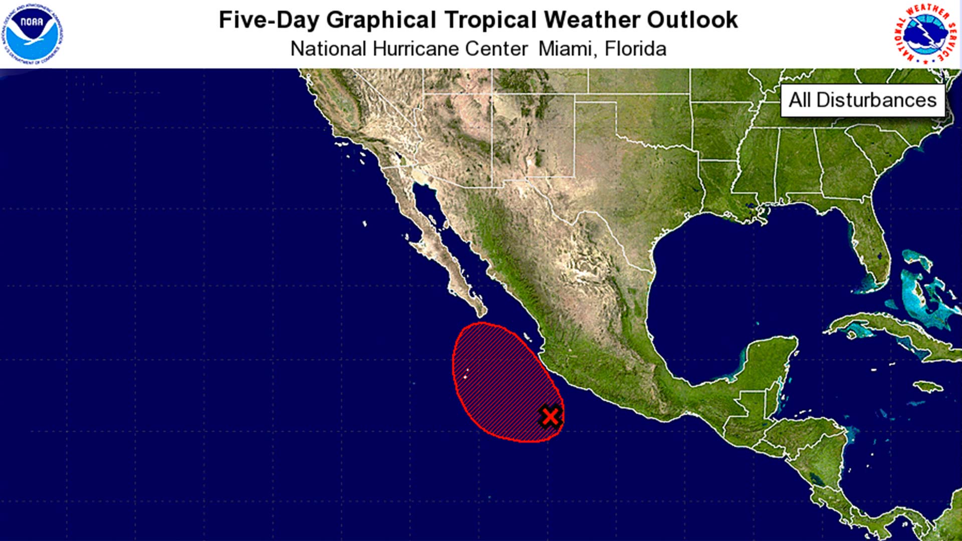 The five-day outlook shows a strong chance that a cyclone will form of the Baja Peninsula by the end of the week, possibly bringing storms to Southern Arizona.