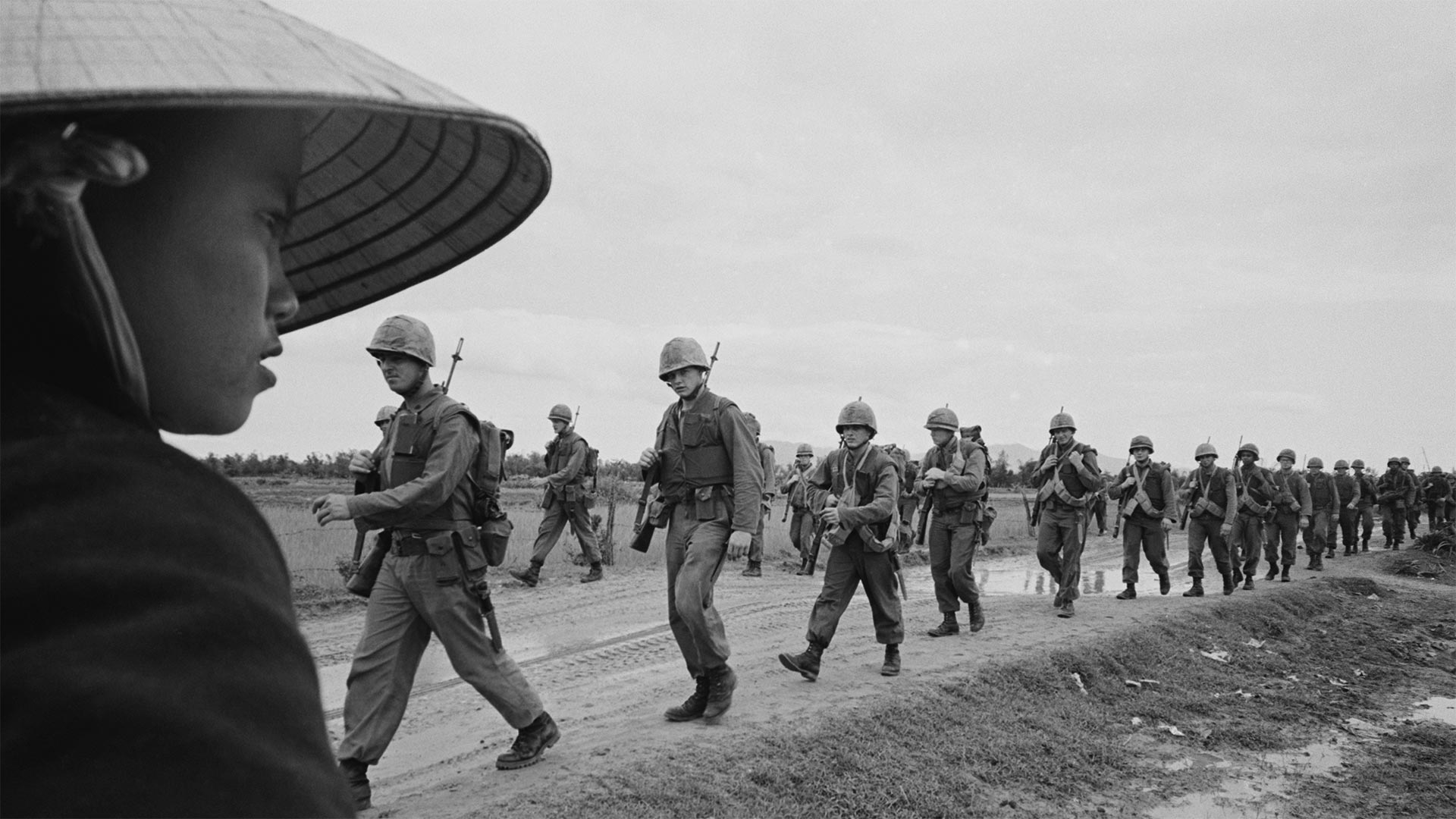 Marines marching in Danang. March 15, 1965.