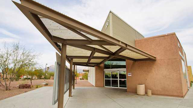 flowing wells library exterior spotlight