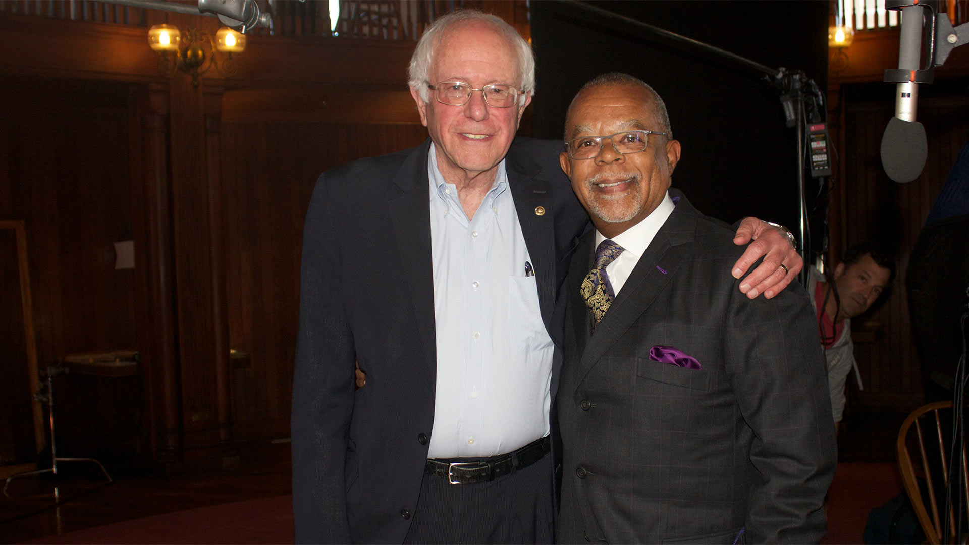 Henry Louis Gates, Jr. with Bernie Sanders on the set of FINDING YOUR ROOTS, season 4