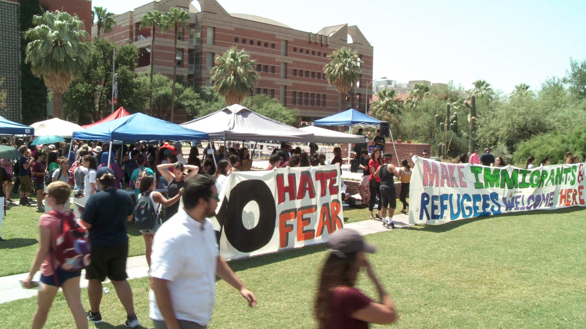 Students on the University of Arizona campus protest President Trump's announcement in September 2017 that the DACA program would be phased out.
