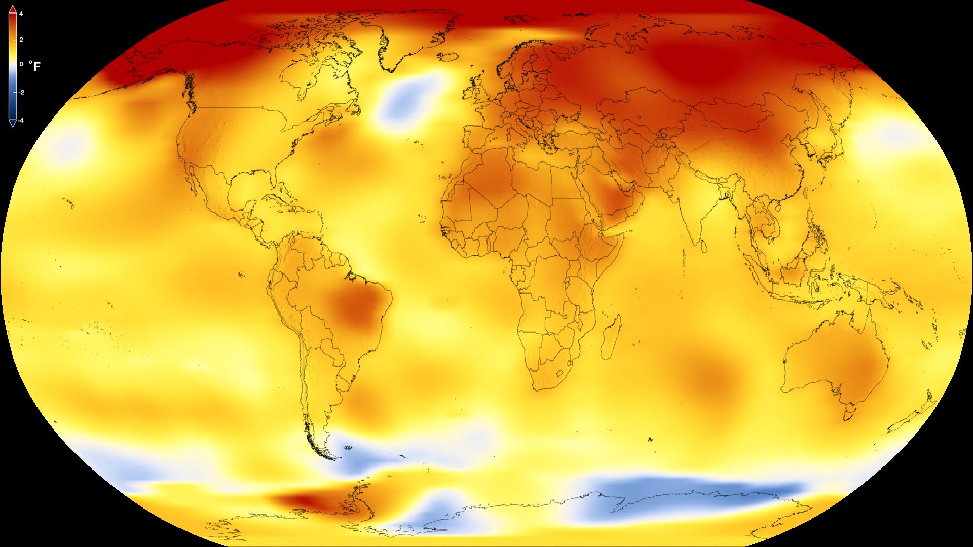 This map shows Earth’s average global temperature from 2013 to 2017, as compared to a baseline average from 1951 to 1980, according to an analysis by NASA’s Goddard Institute for Space Studies. Yellows, oranges and reds show regions warmer than the baseline.