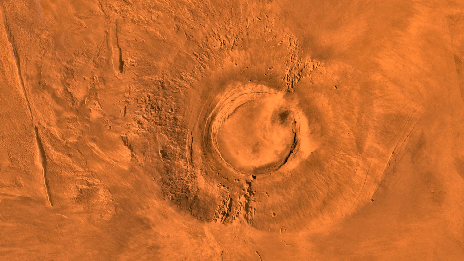 A digital-image mosaic shows the extinct volcano Arsia Mons on Mars.