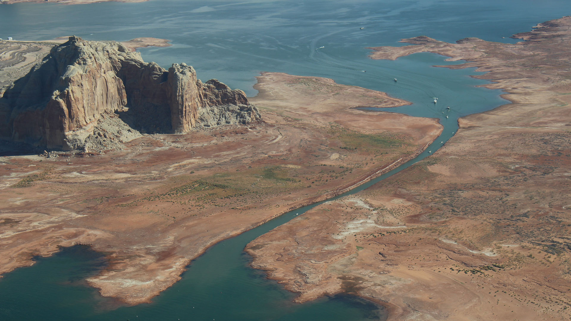 A narrow passageway allows boats to pass on the northern edge of Antelope Island in Lake Powell, one of the Colorado River's main reservoirs. 