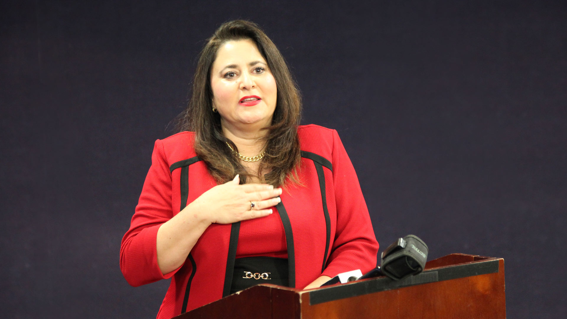 Lea Marquez Peterson answers questions from the press following the 2nd Congressional District debate on Oct. 9, 2018.