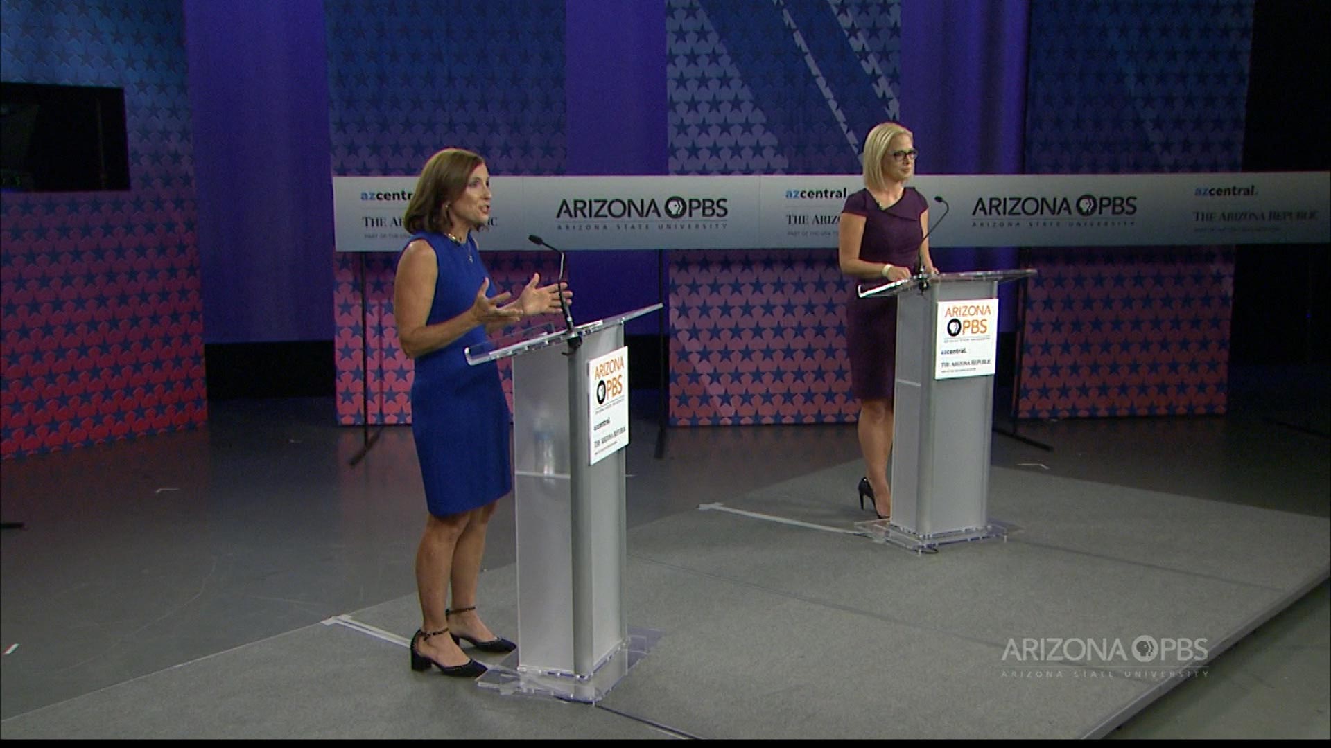 U.S. Senate candidates Republican Martha McSally and Democrat Kyrsten Sinema at a debate televised by Arizona PBS in Phoenix. 