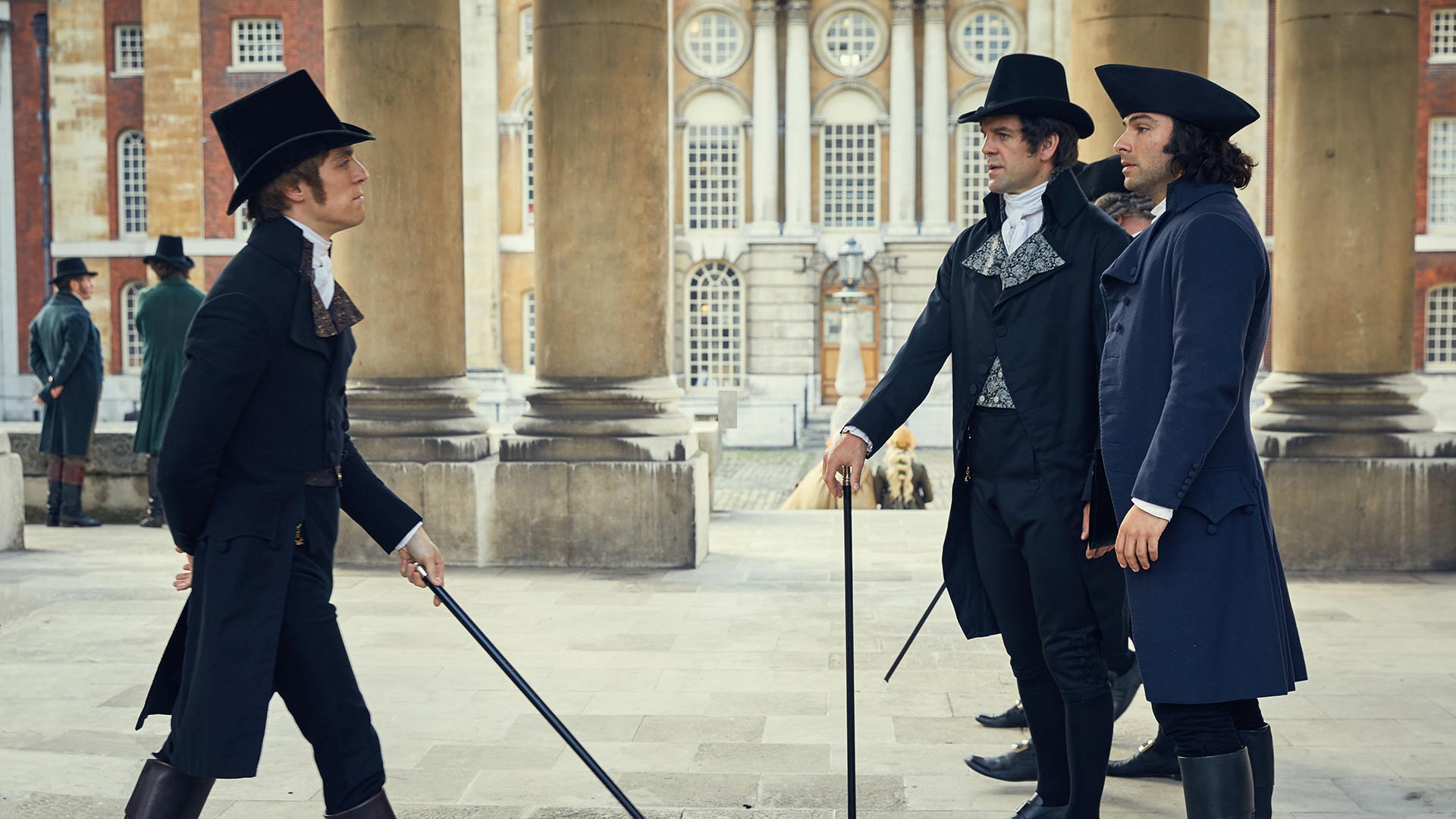 Shown from left to right: Jack Farthing as George, John Hopkins as Sir Francis Basset and Aidan Turner as Ross
