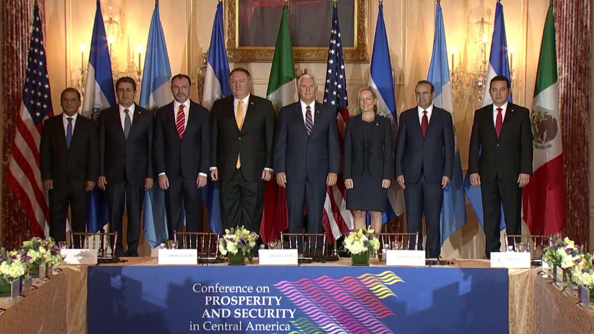 Still image from a Department of State video including Vice President Mike Pence, Secretary of State Michael Pompeo, and Secretary of Homeland Security Kirstjen Nielsen, with leaders from Mexico, Honduras, Guatemala, and El Salvador at the second Conference for Prosperity and Security in Central America, Oct. 11, 2018.