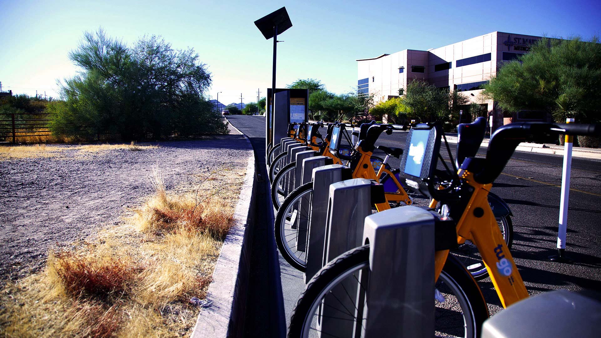 Bicycles for the Tugo city bike-share program near Tumamoc Hill on Tucson's west side, 2017.