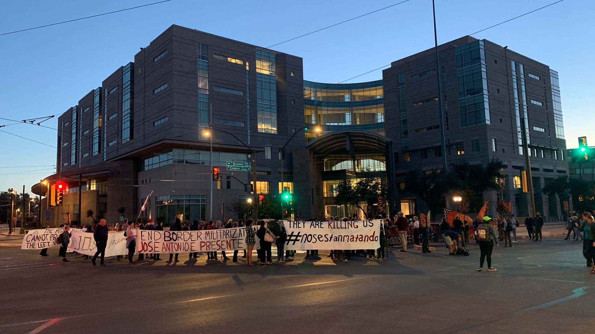 Demonstrators march in downtown Tucson after the November 21, 2018 acquittal of Border Patrol agent Lonnie Swartz on involuntary manslaughter charges in the cross-border shooting death of a 16 year old Mexican boy, Jose Antonio Elena Rodriguez.