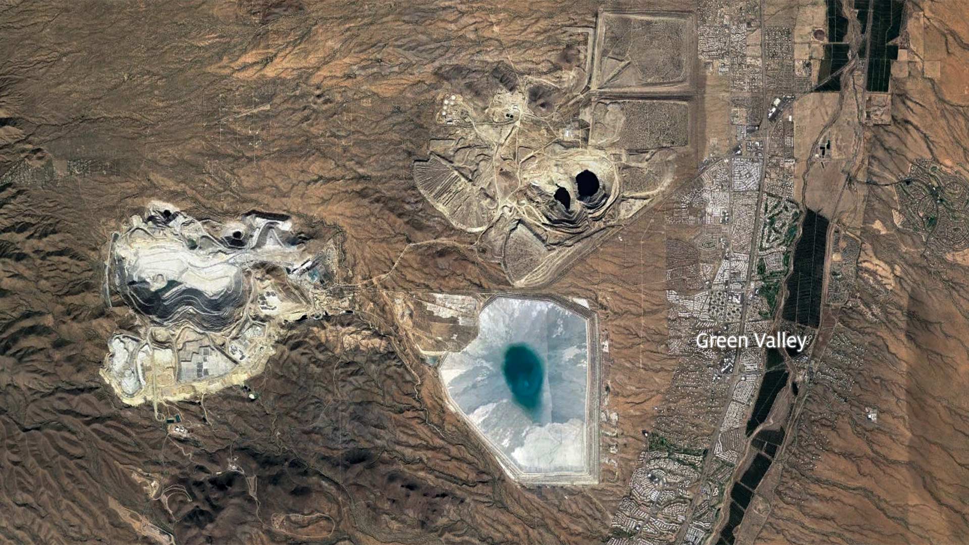 The Sierrita Mine can be seen east of Green Valley in this Google Earth image.