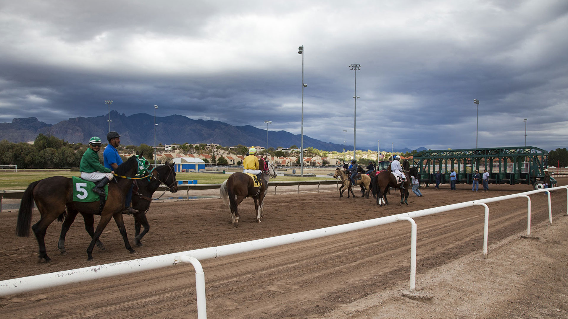 Riders approach the starting gate and Rillito Racetrack, 2018.