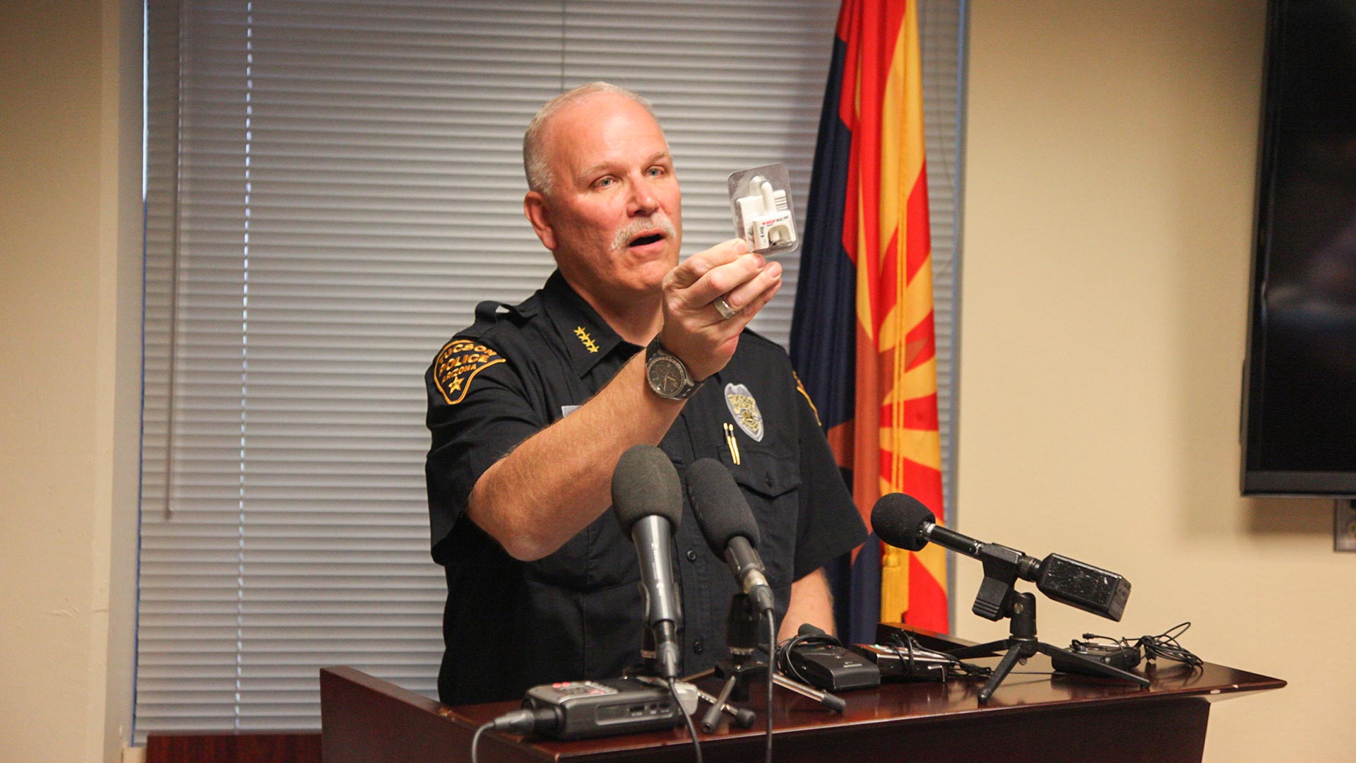 TPD Chief Chris Magnus holds up an anti-opioid nasal spray all officers in the department carry, Nov. 2, 2018