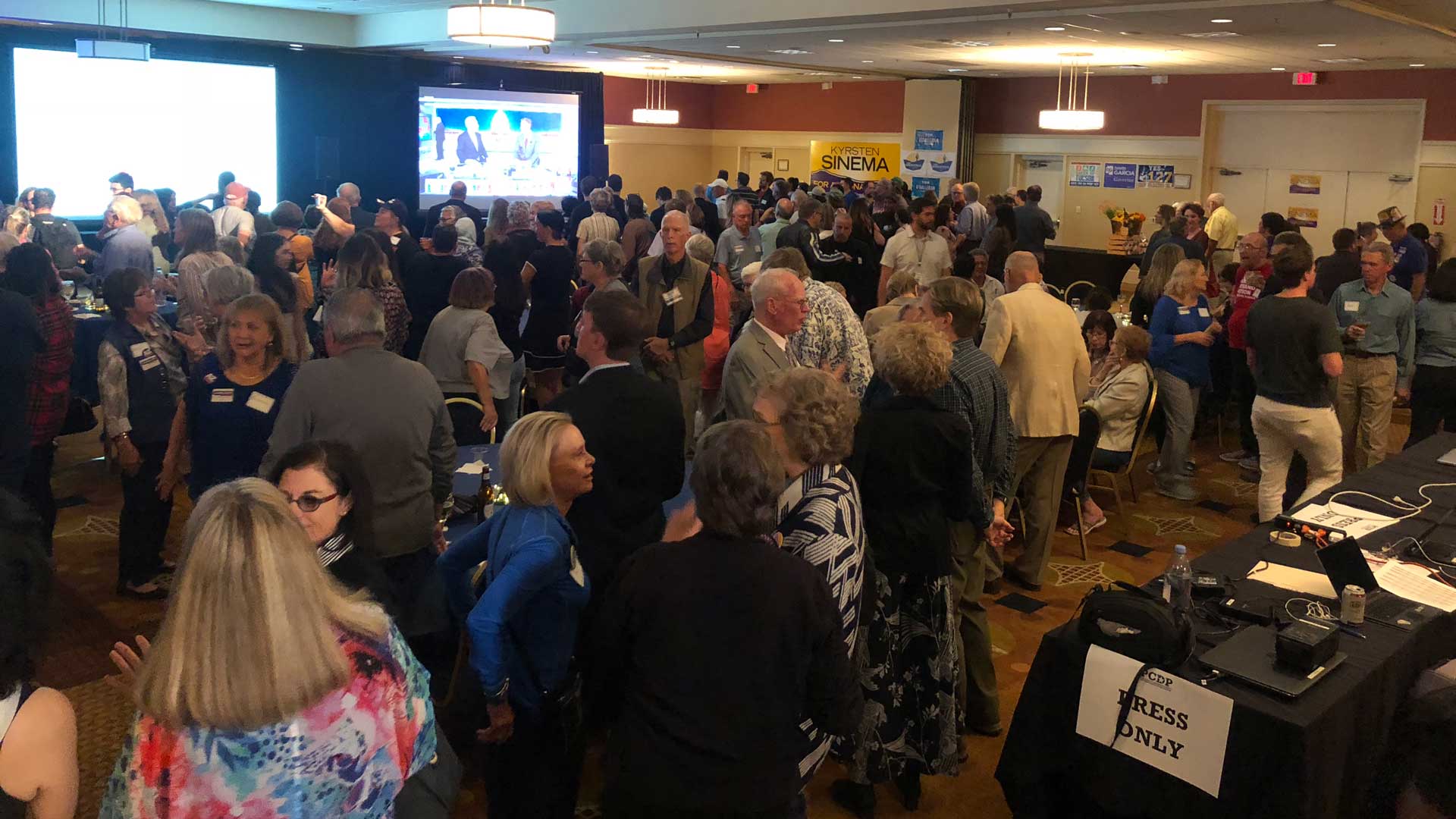 The crowd gathers at the Democratic watch party at the Doubletree Reid Park in Tucson.