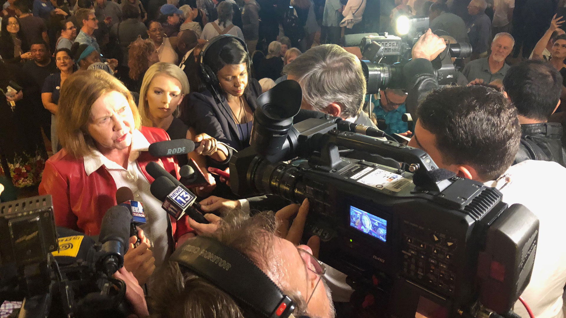 Democrat Ann Kirkpatrick speaks to the press at the Doubletree Reid Park in Tucson on election night, 2018.