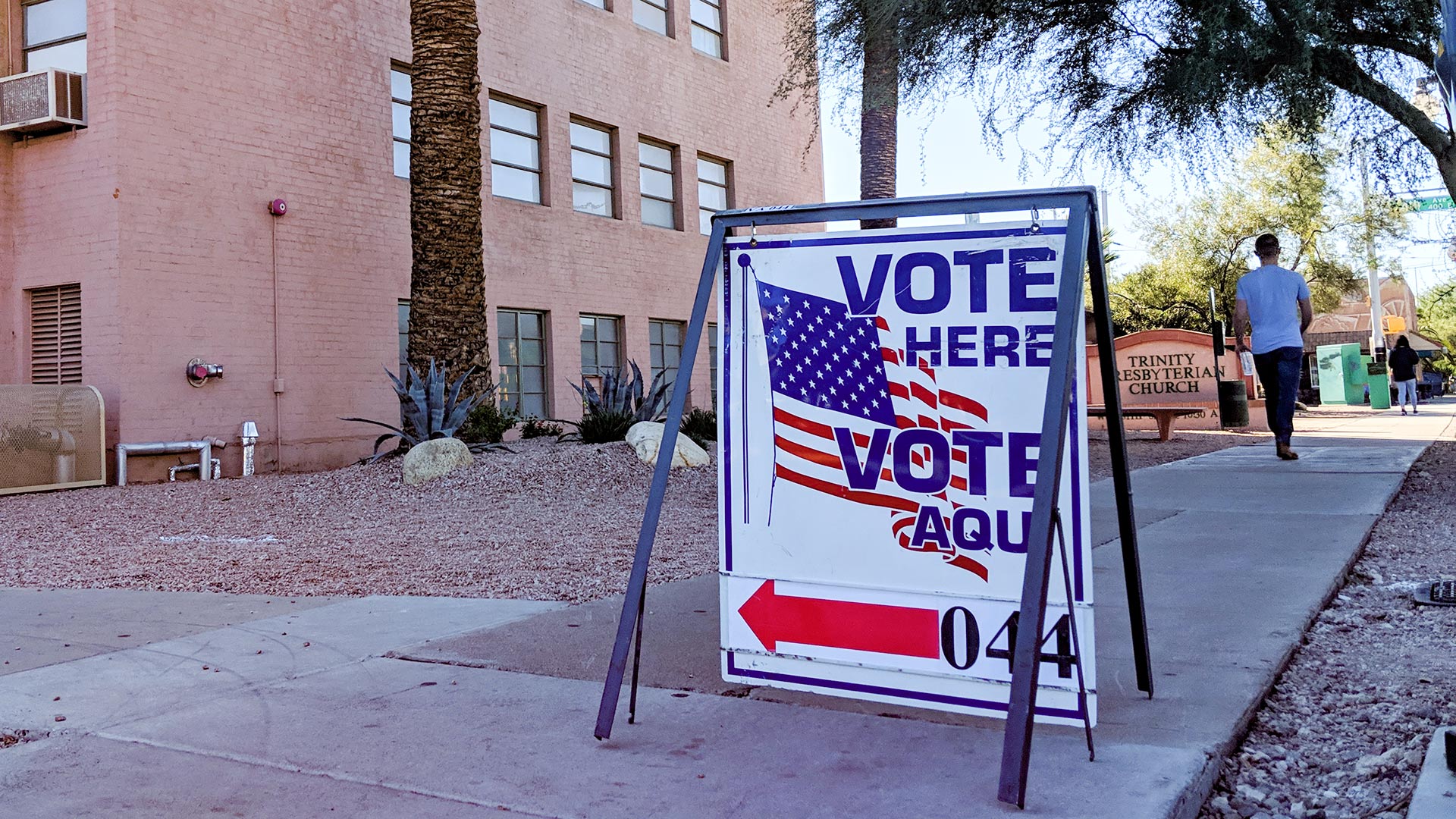 A sign indicating a polling place near Fourth Avenue in Tucson, Election Day, Nov. 7, 2018.