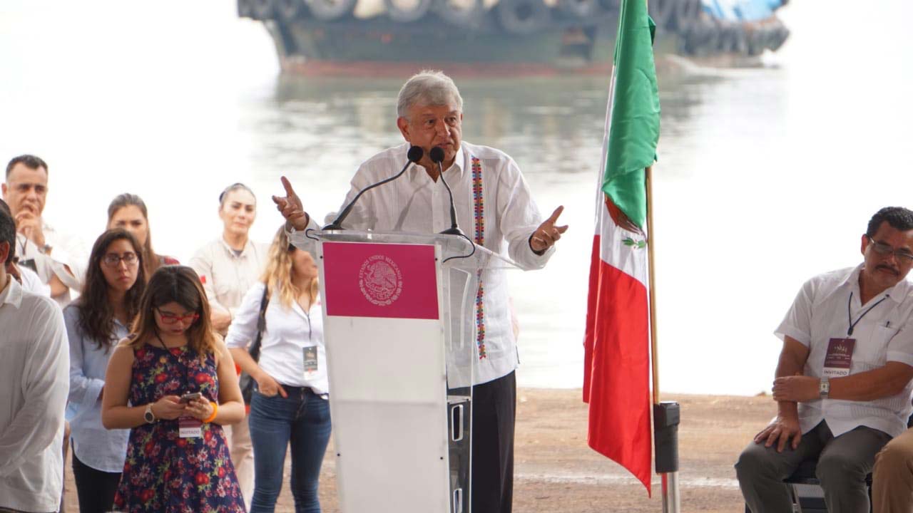 Mexican President Andrés Manuel López Obrador speaks in his home state of Tabasco about what he says is a plan to rescue the oil industry in Mexico, Dec. 9, 2018.