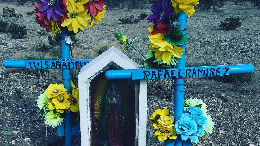 "New Mexico I-10 mile marker 16 Eastbound. A freshly painted shrine for Rafael and Luis, the Virgin watches me through the plexiglas from her post between the crosses marking the passage of these two travelers, the paint is so fresh the dirt is still blue. It’s good to know you are loved." - Jesse Sensibar