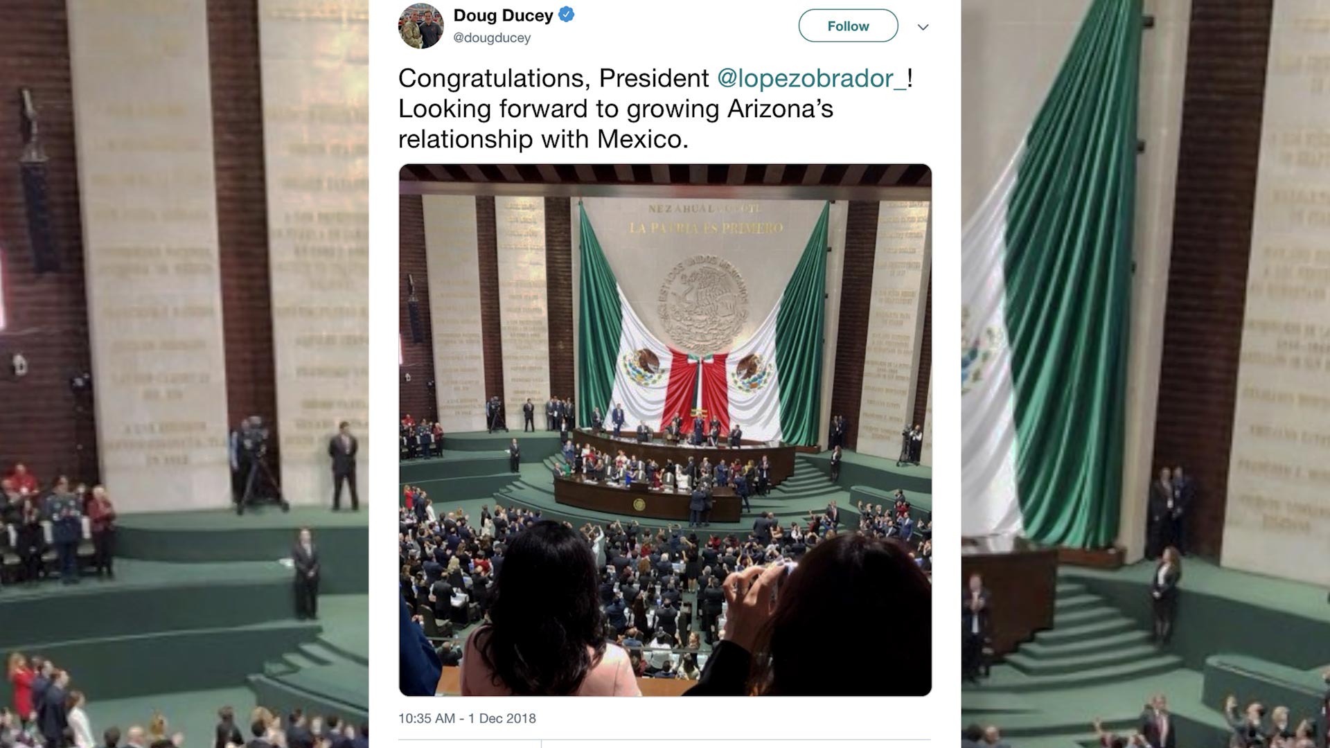 An image of a tweet send by Arizona Governor Doug Ducey from the inauguration of Andres Manuel Lopez Obrador as president of Mexico.  