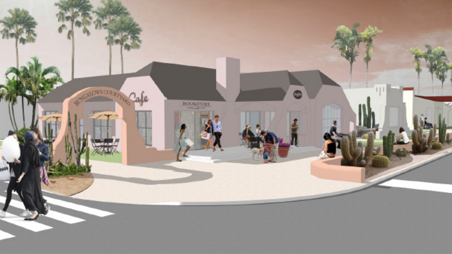 An artists' rendering of what a plaza built around the bungalows could look like.