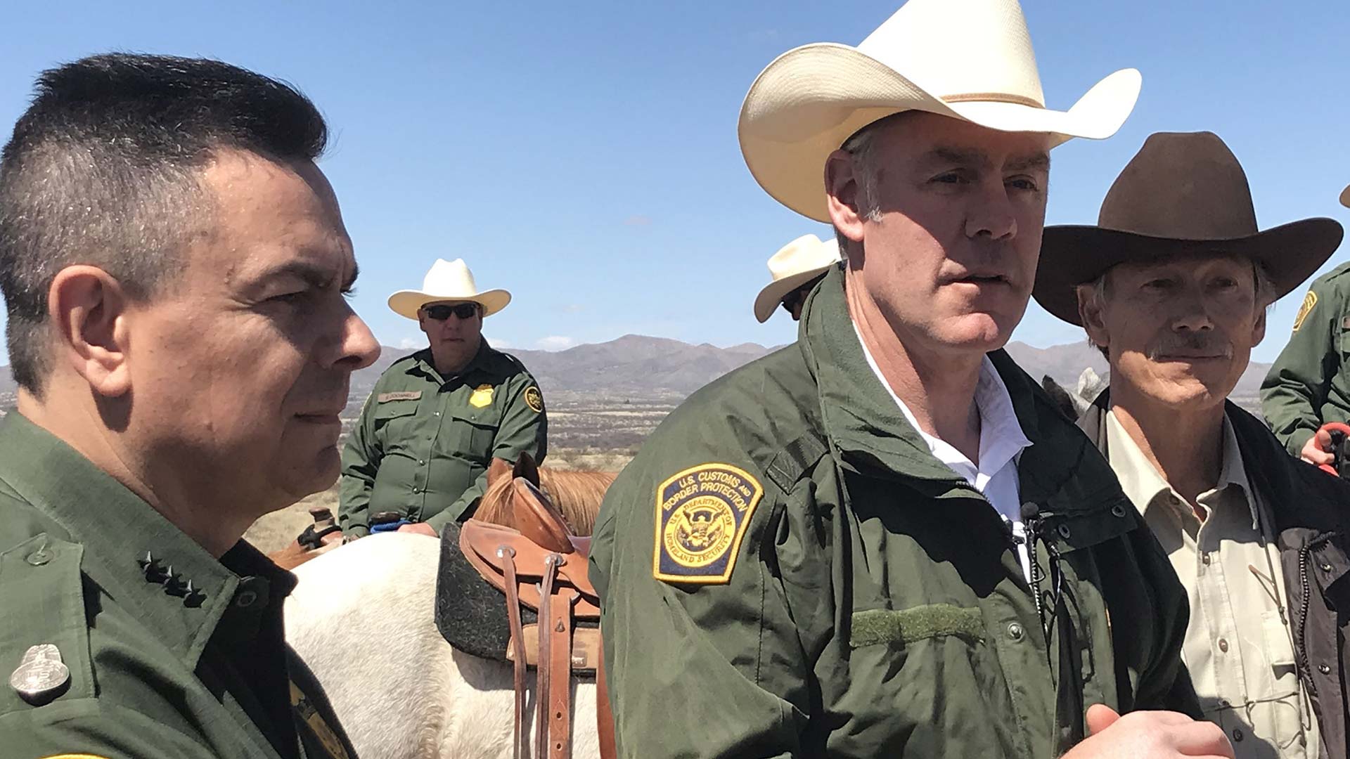 Secretary of the Interior Ryan Zinke talks with reporters in Sasabe, Arizona, at the U.S.-Mexico border.