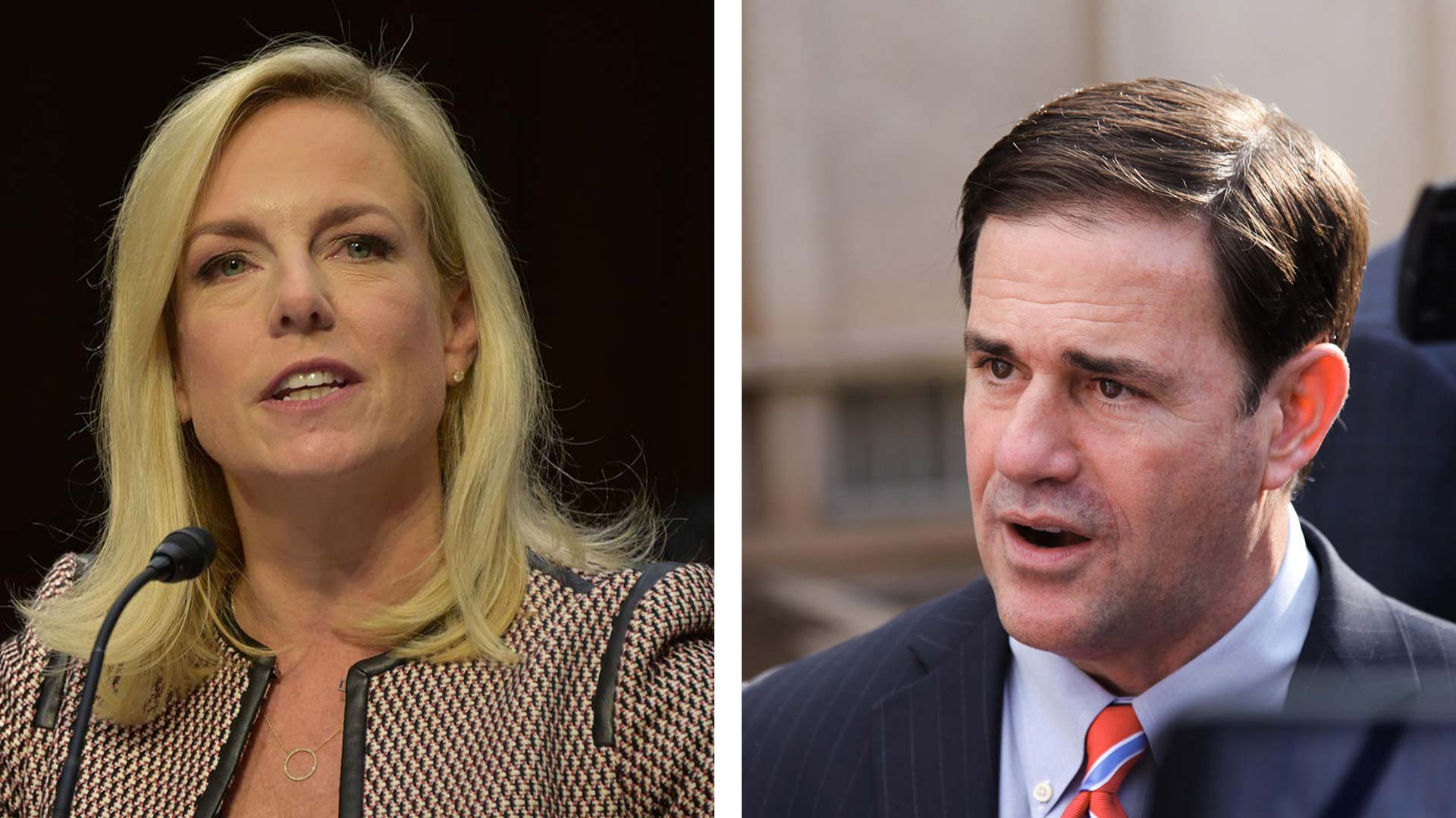 Homeland Security Secretary Kirstjen Nielsen, left, in a file photo from the Department of Homeland Security. Arizona Gov. Doug Ducey, right, in a file photo from AZPM.