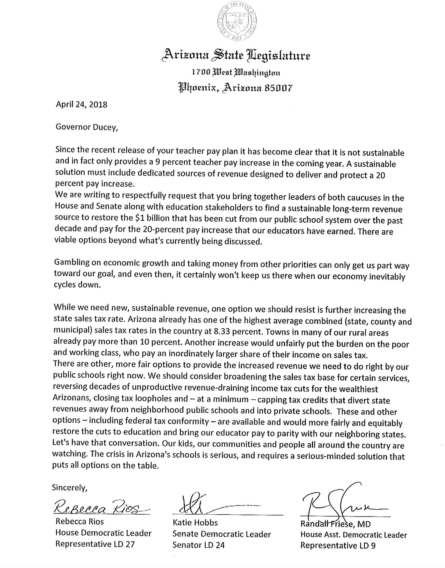 Dems Leg letter ed funding