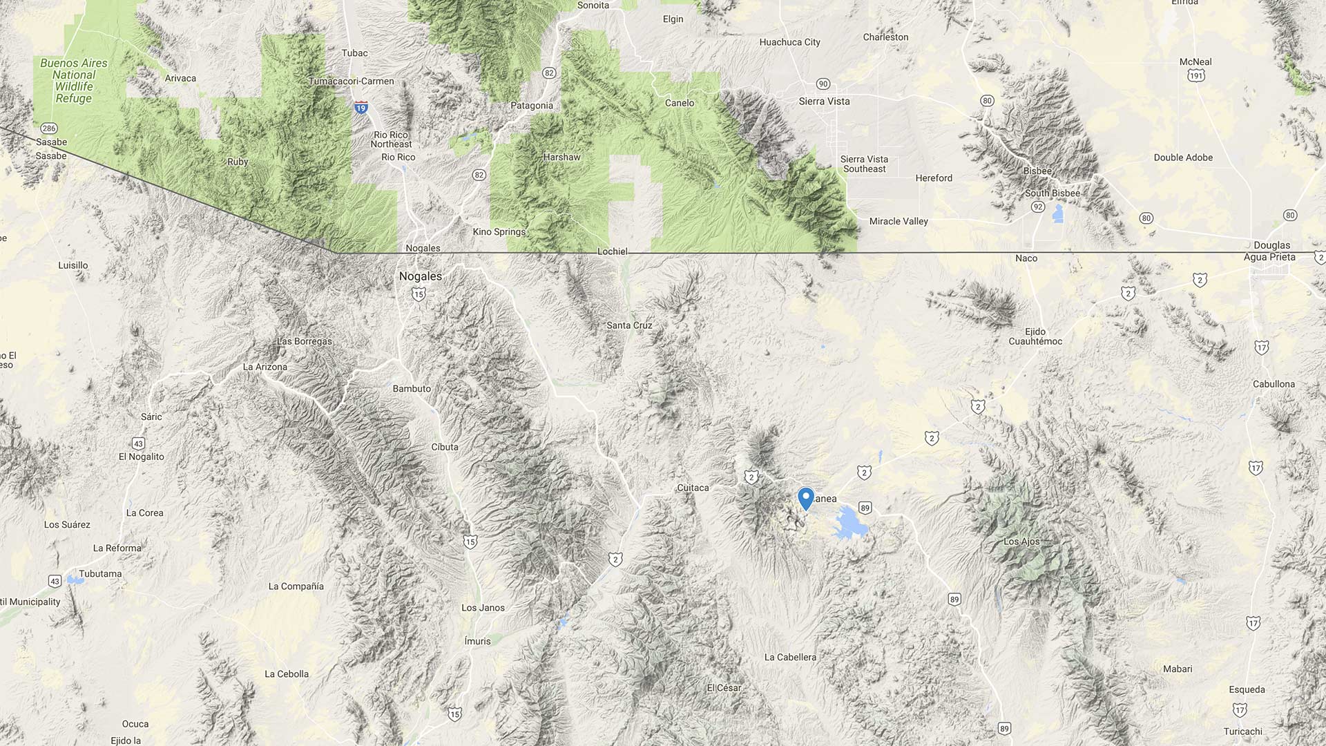 Google Maps image showing the location of the Buenavista del Cobre mine in the Mexican State of Sonora.
