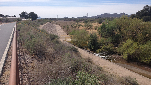 The point on the Santa Cruz River north of downtown where treated effluent from the Agua Dulce flows into the river channel.