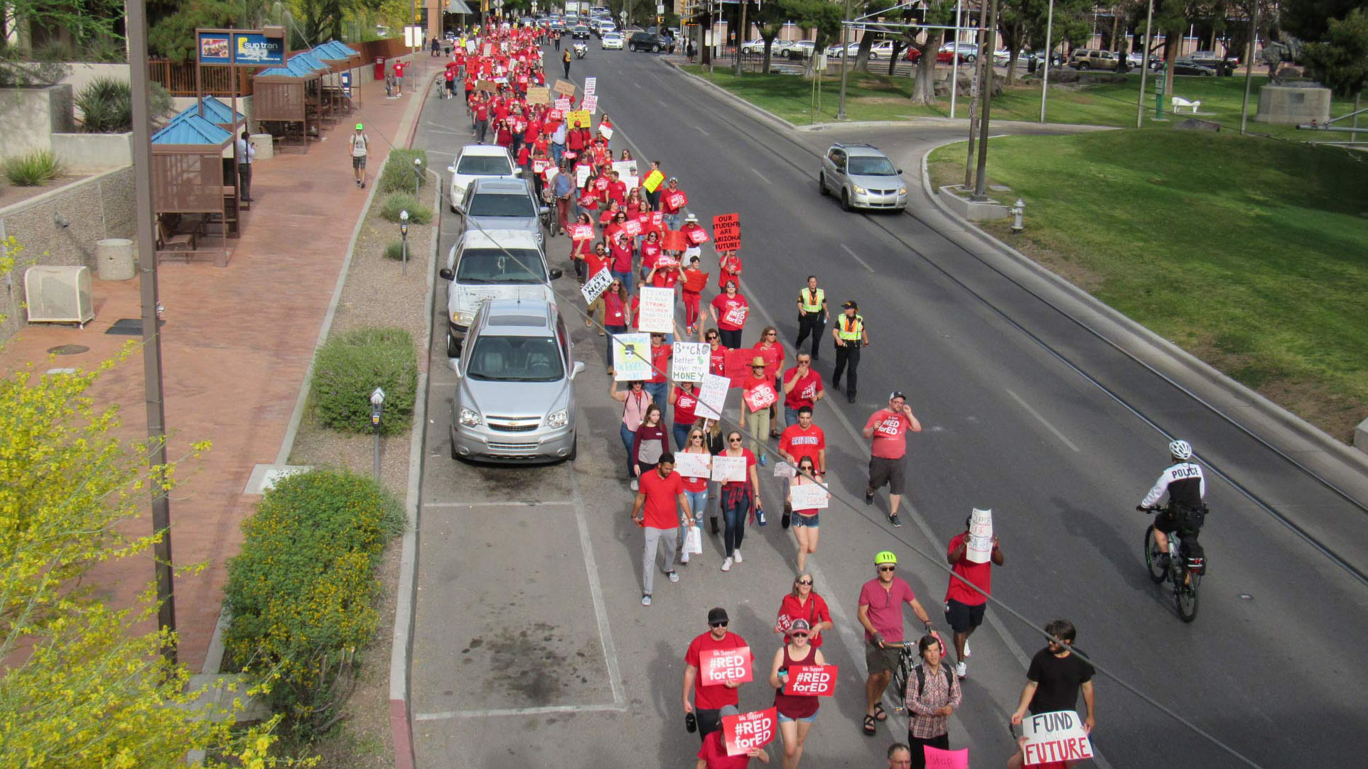 teachers protest downtown spotlight