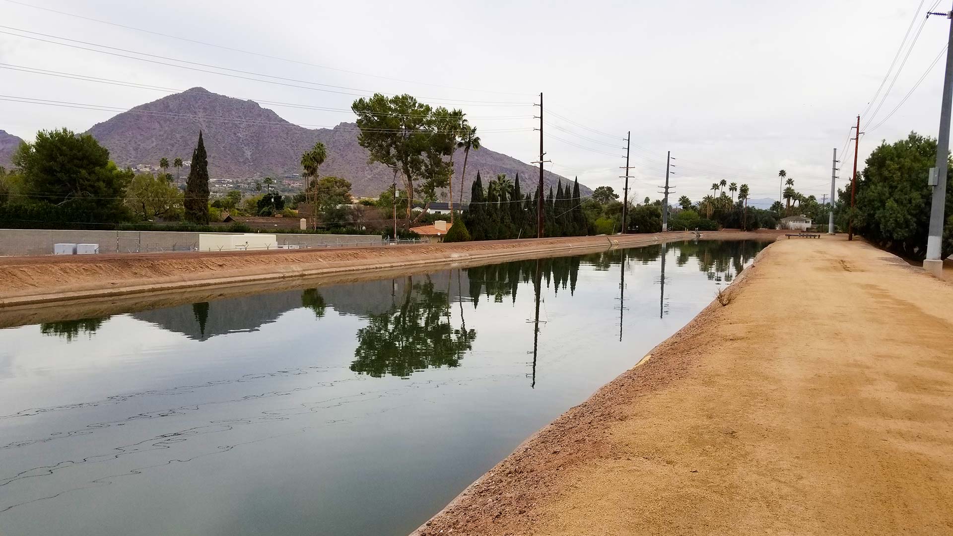 View northeast from Arizona Falls along the Arizona Canal toward Camelback Mountain, in Phoenix. 