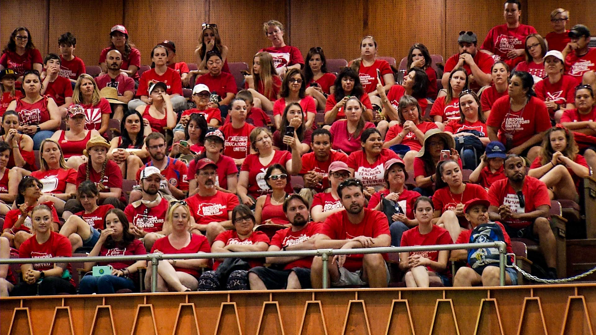 Educators and supporters with the #RedForEd movement fill the gallery at the Arizona House on April 30, 2018, the third day of a historic teacher walkout.
