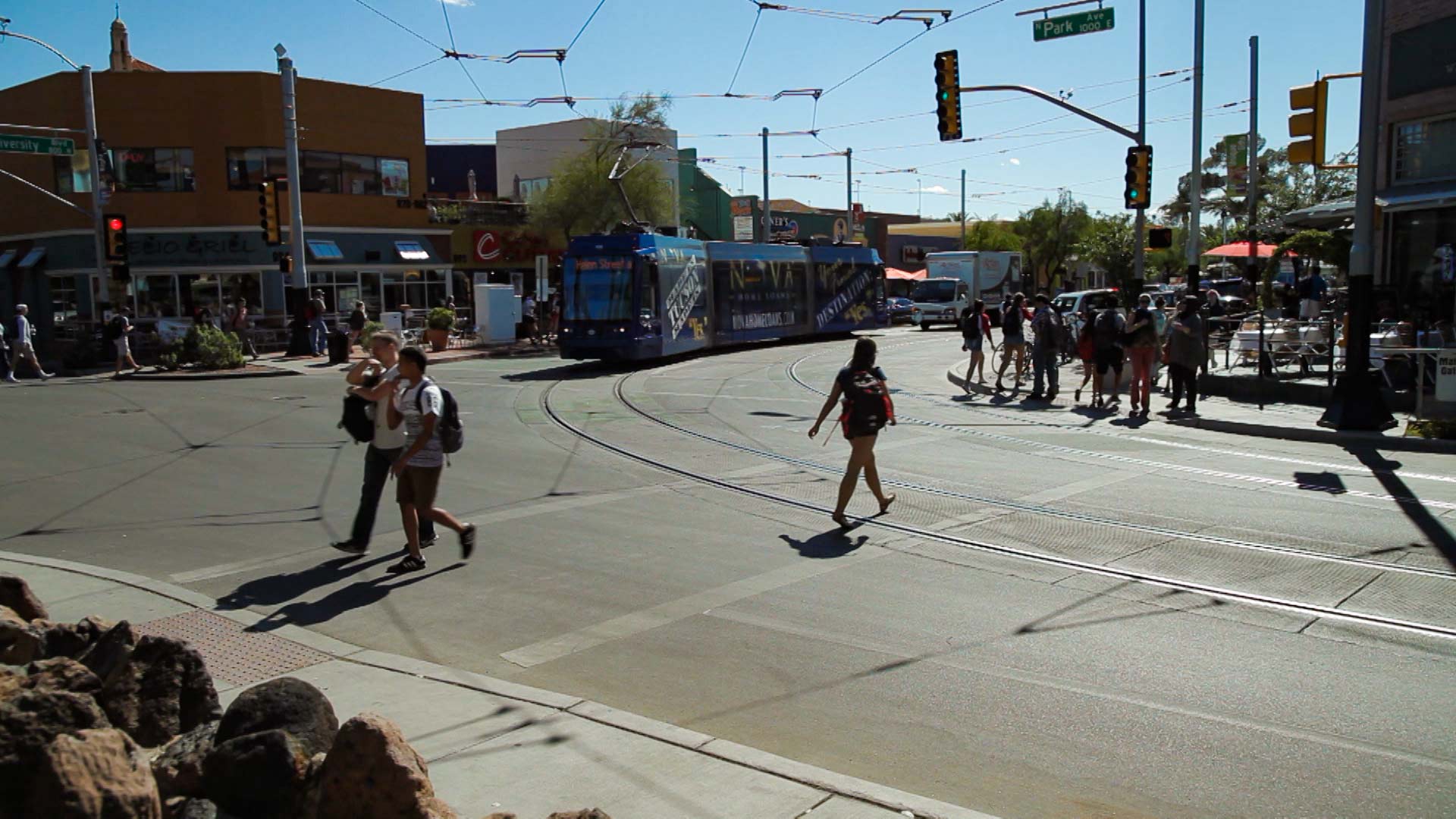 Tucson's streetcar passes by Main Gate Square, at the University of Arizona Campus.