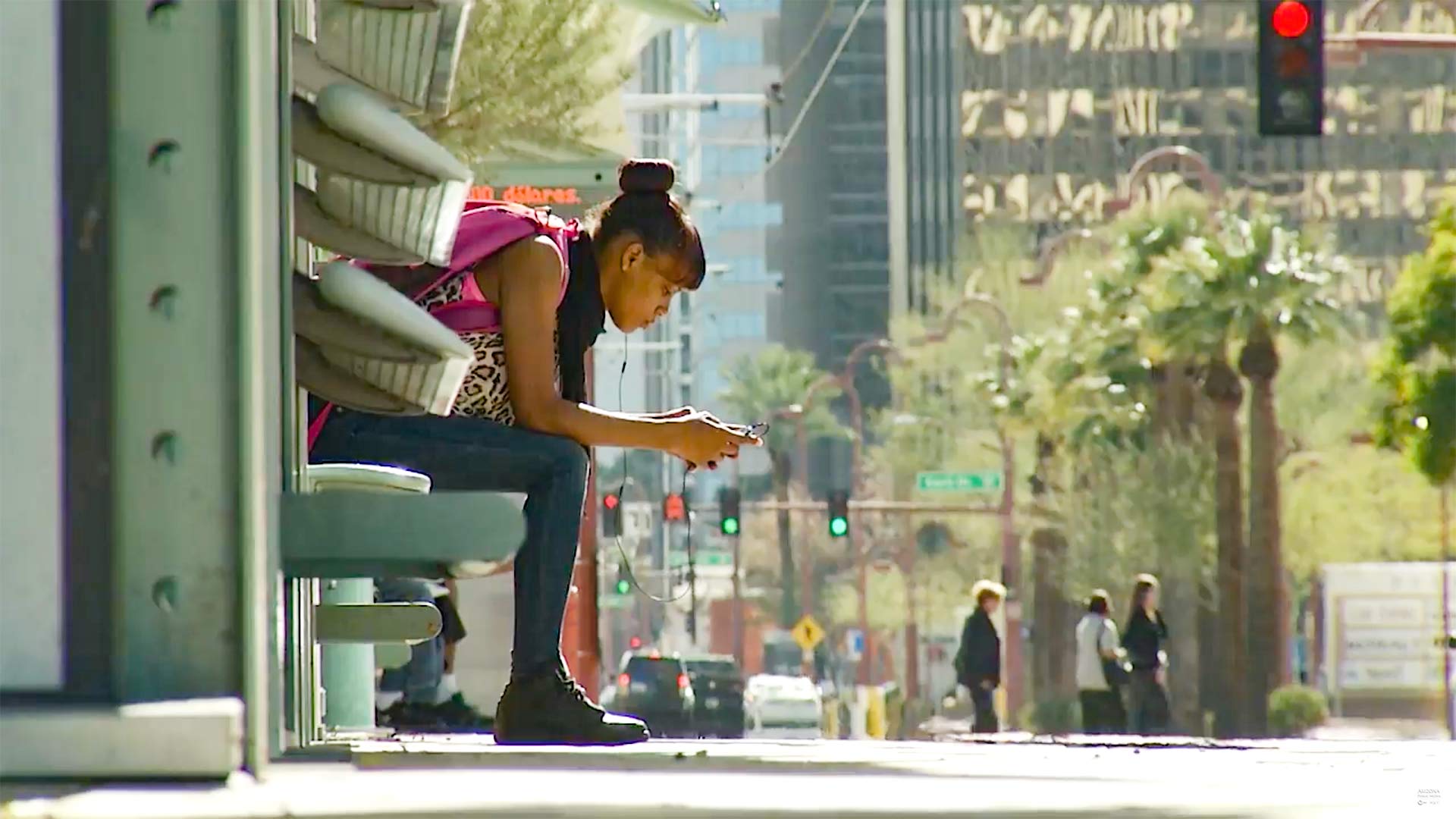 At a light-rail stop in Phoenix.