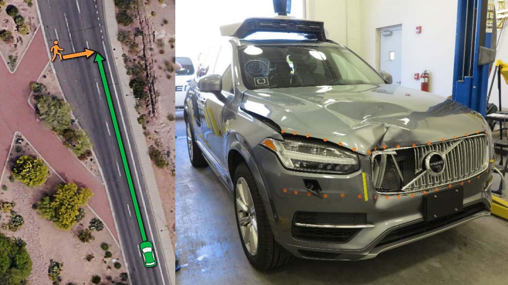 At left, an illustration of the path of a pedestrian and an Uber self-driving vehicle, at right, which struck and killed the pedestrian in March, 2018 in Tempe.