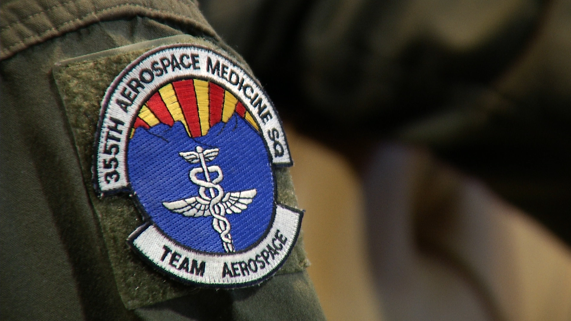 An Air Force member wears the patch of the 355th Medical Group, at a training at Davis-Monthan Air Force Base.