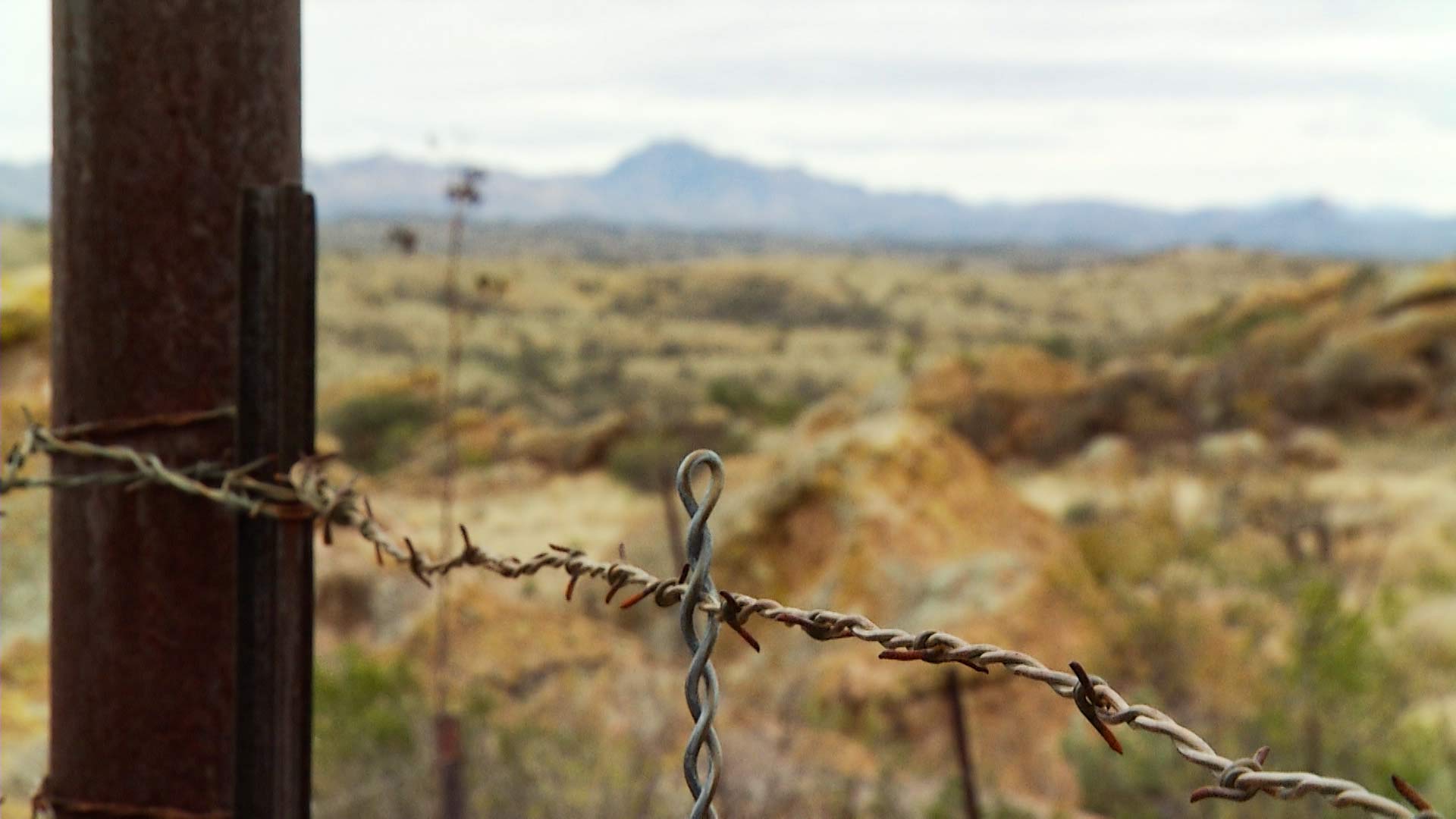 A barbed-wire fence located on the Chilton Ranch in Arivaca, Arizona. 