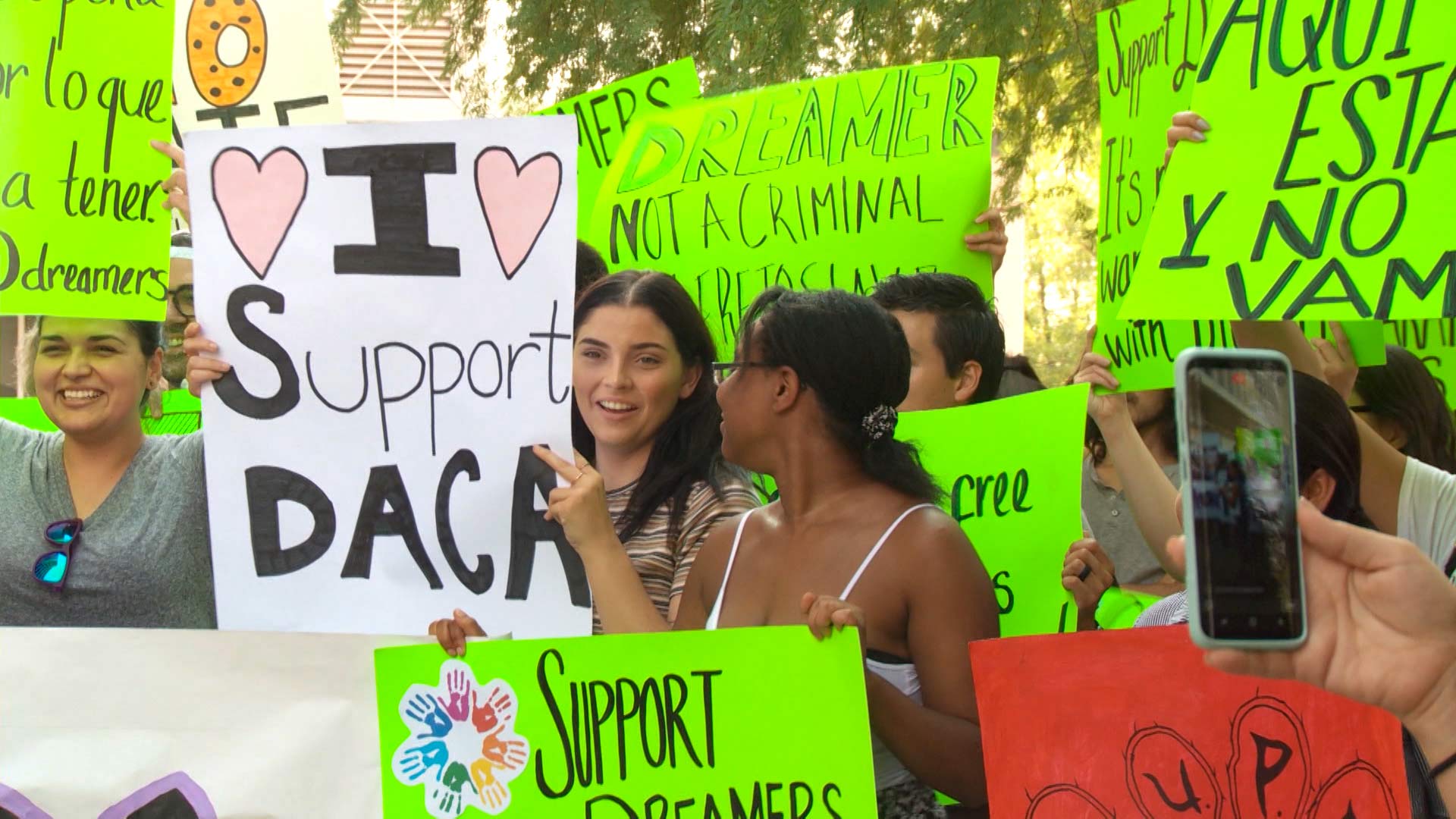 Demonstrators protest in favor of protections for Deferred Action for Childhood Arrivals recipients.