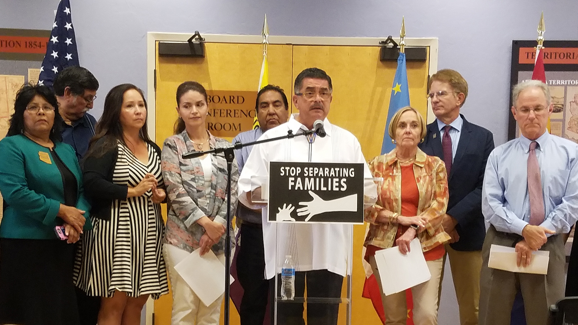 From left, State Rep. Sally Ann Gonzales, Tucson Councilman Richard Fimbres, TUSD Boardmember Adelita Grijalva, Tucson Councilwoman Regina Romero, Pascua Yaqui Tribal Council Vice Chair Peter Yucupicio, Pima County Supervisor Richard Elias, Pima County Supervisor Sharon Bronson, Tucson Councilman Paul Durham and Tucson Mayor Johnathan Rothschild.