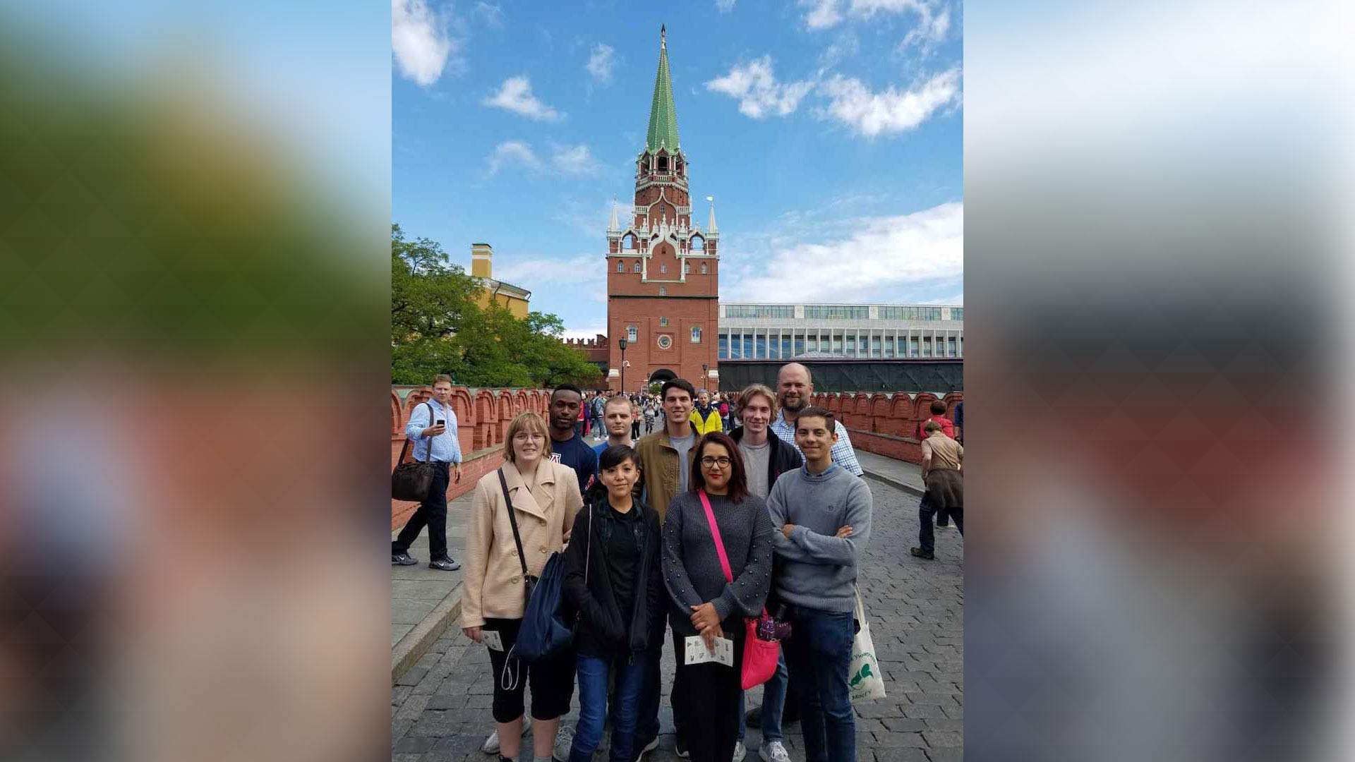 University of Arizona students outside the Kremlin during Russia's 2018 World Cup. Back row, left to right: Khalil Webb, Ben Yurovitsky, Matthew Grimes, Dylan Tucker and Prof. Benjamin Jens. Front row: Charlotte Kevis, Aundrea Nebitsi, Melissa Bustamante and Andrew Bedoy.